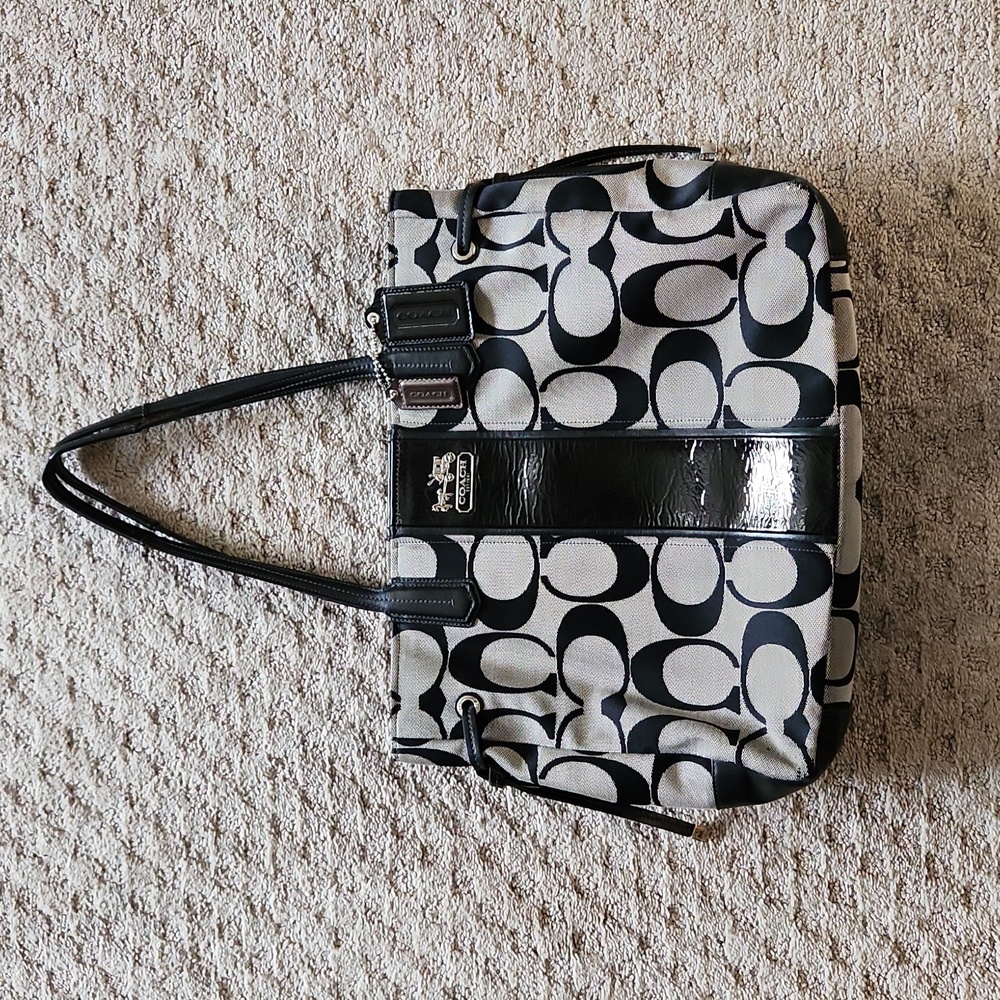 Coach khaki & Black jacquard & patent leather signature C striped tote bag